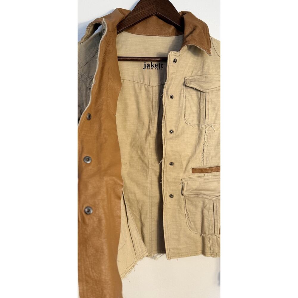Jakett New York Khaki Utility Jacket Leather Trim Women’s XS Snap Button - Picture 7 of 10